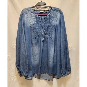 Westbound Womens XL Blue Denim Top Pintuck Peasant Western CottageCore Country